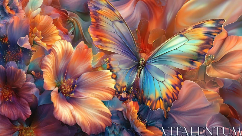 Iridescent butterfly glows amid swirling pastel blossoms
