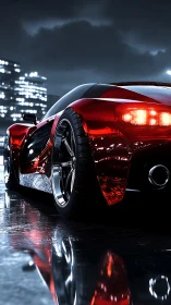 Rear three-quarter view of red supercar on wet city street