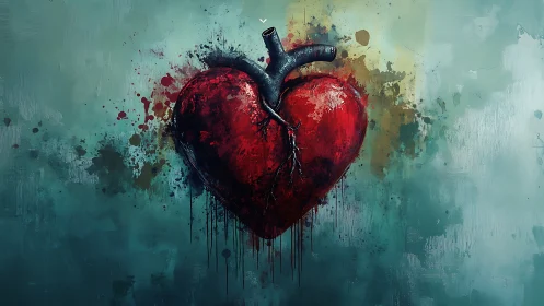 Abstract Heart: Watercolor Fusion on Teal Canvas.