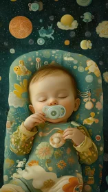 Baby dreaming under a cozy, starry storybook sky.