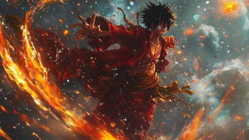 Fiery anime warrior twisting through stormlit emberscape.