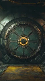 Rusting circular vault door in industrial sci fi bunker.