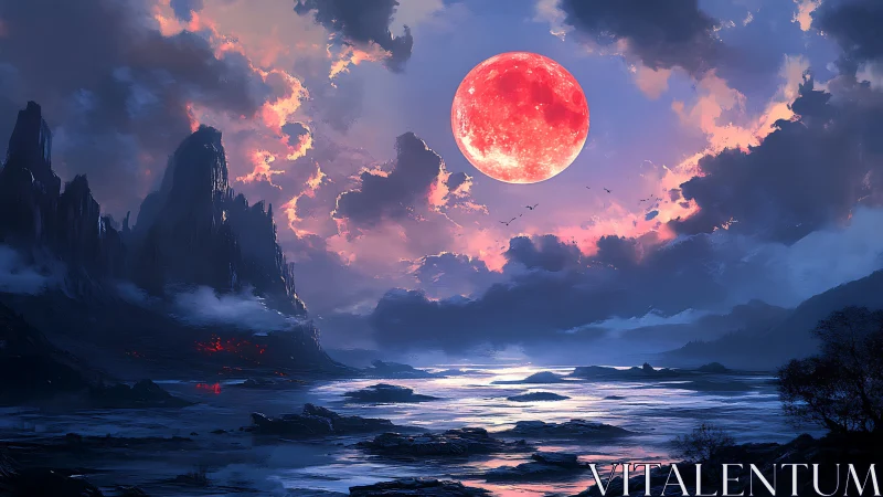 Red moon over rugged coast in dramatic twilight sky.