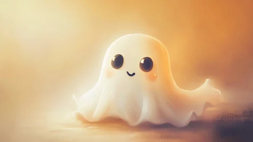 Softly illuminated kawaii ghost character in warm glow
