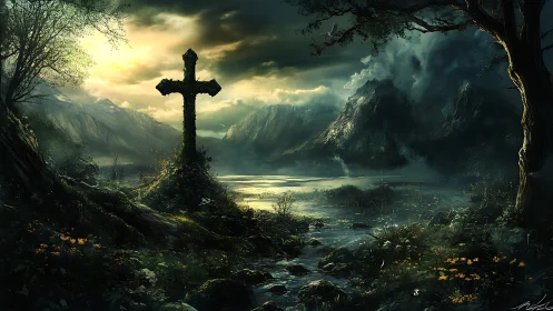 Verdant stone cross in storm-lit mountain marshland twilight.