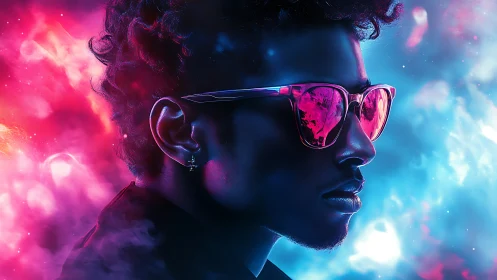 Neon backlit male profile with reflective magenta sunglasses and vapor