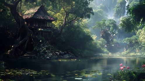 Lakeside jungle retreat with treehouse pagodas and misty falls.