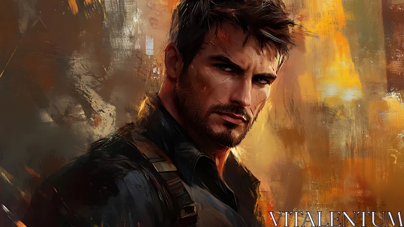 Brooding warrior portrait in warm cinematic brushwork.