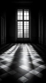 Sunlit window casts long shadows across checkerboard floor.