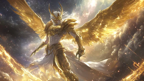 Armored winged figure stands in luminous celestial atmosphere