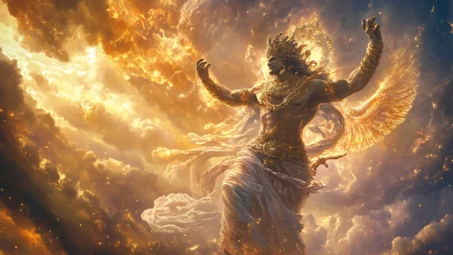 Sun-forged sky deity swirling through molten dawn clouds.