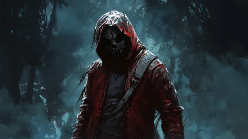 Hooded skull-masked figure stalks through misty forest night