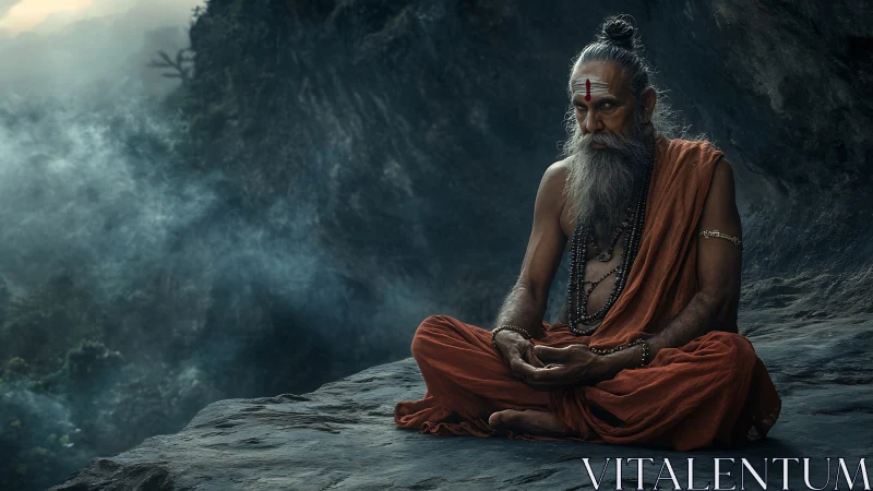 Hermit yogi in high-dynamic-range mountain mist meditation.