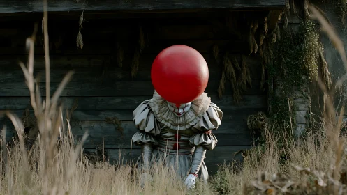 Crimson balloon and lonely clown in a forgotten garden.