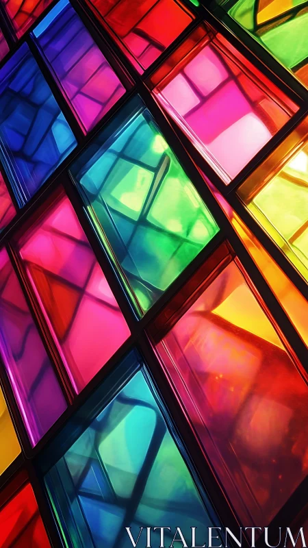 Light tumbles through tilted neon glass panes in chorus