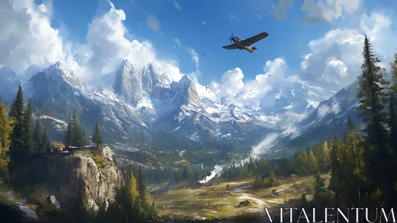 Vintage plane soars over vast alpine valley beneath bright skies