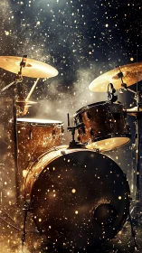 Golden drum kit under stage haze with dynamic particle lighting