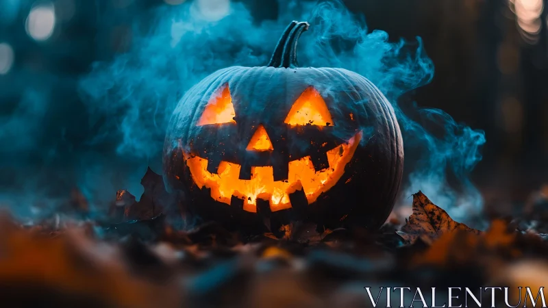 Volumetric-lit jack-o-lantern amid blue atmospheric fog field.
