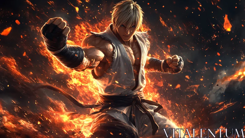 Blond martial artist framed by swirling flames in battle stance.