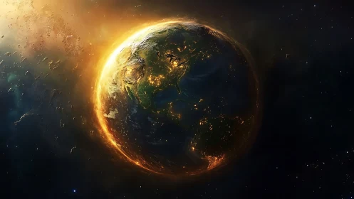 Illuminated Earth is rendered with glowing atmospheric rim