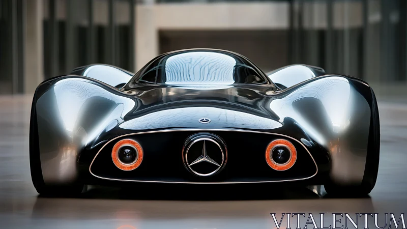 Streamlined black Mercedes concept car front view.
