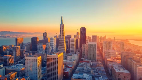 Urban skyline shows high-rise downtown district at sunset