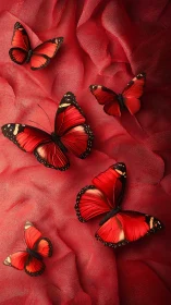 Photorealistic scarlet butterflies on draped red textile.