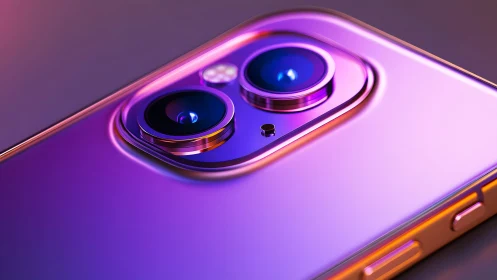 Close-up of modern smartphone camera in vibrant purple and gold.