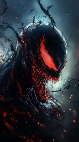 Demonic alien symbiote with blazing red eyes and fangs.