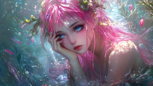 Iridescent water nymph portrait with refractive lighting effects