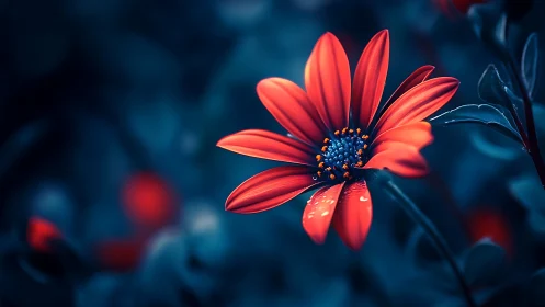 Vibrant Red Daisy Blossom Against Deep Blue Bokeh Background.