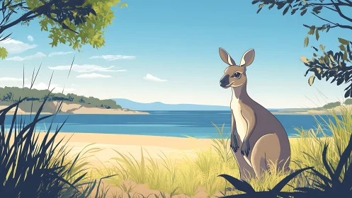 Kangaroo on coastal dune with stylized foliage and bay horizon.