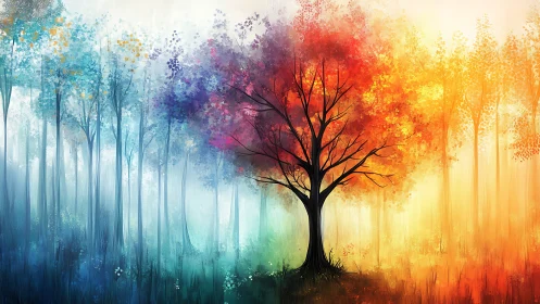 Season-splitting dreamtree holding four painted skies.