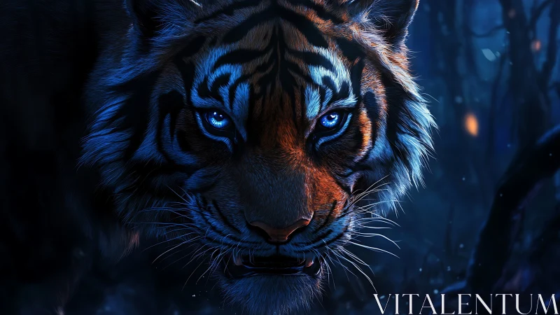 Blue lit tiger stalking through dark nocturnal forest.