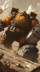 Mighty bearded mech warrior striding through a dusty battlefield.