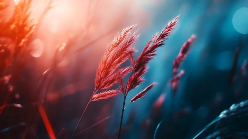 Sunlit red grass stalks in soft blue bokeh field.