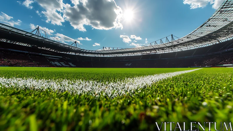 Soccer stadium interior with sunlit pitch and corner line.