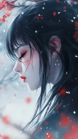 Side profile of pensive girl in red and blue tones.