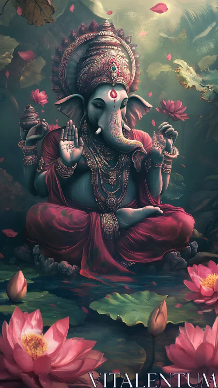 Intricate digital rendering of seated Ganesha amid lotus pond