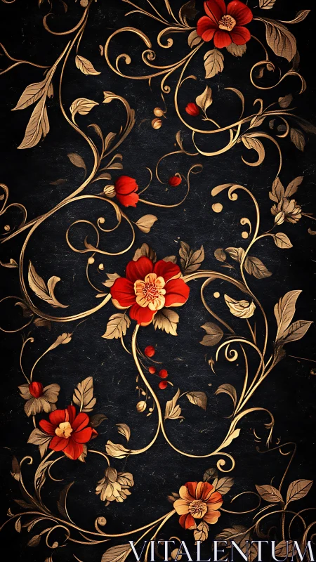 Golden vines and crimson blooms drifting through night.