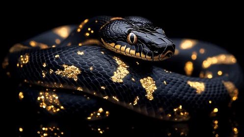 Luminous obsidian serpent with particulate gold bioluminescence.