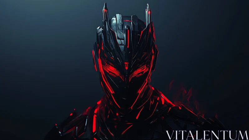 Futuristic black armored cyborg with glowing red core.