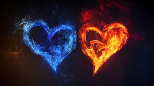 Opposing Elemental Hearts: Blue Ice Against Fiery Crimson Flames