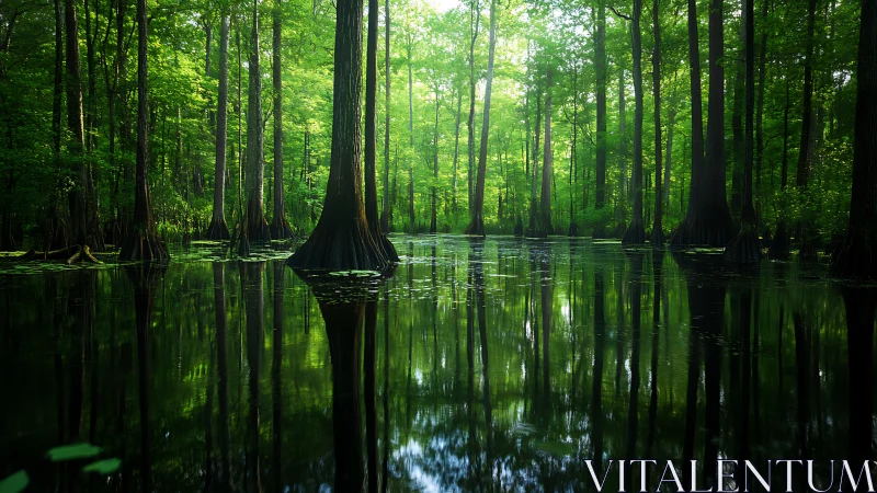 Serene Cypress Swamp Landscape with Lush Green Reflections.