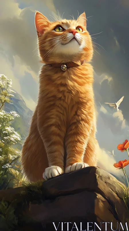 Golden Cat Sits Upright on Rock, Gazing Skyward