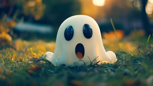 Tiny glowing ghost figure in dreamy sunset garden scene.