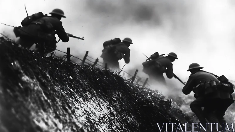 WWI infantry assault on muddy slope under heavy battlefield smoke