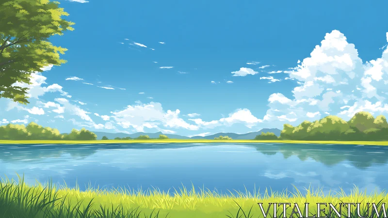 Calm lakeside landscape under bright blue summer sky.