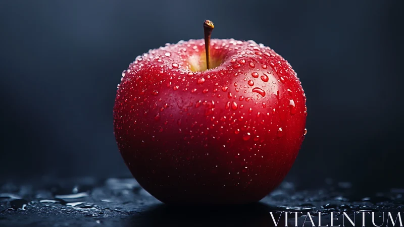 Crimson dew kissed apple posing like a glossy planet.