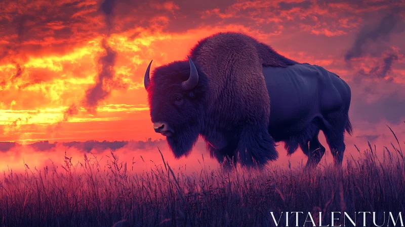Digitally rendered bison under high-saturation sunset sky lighting